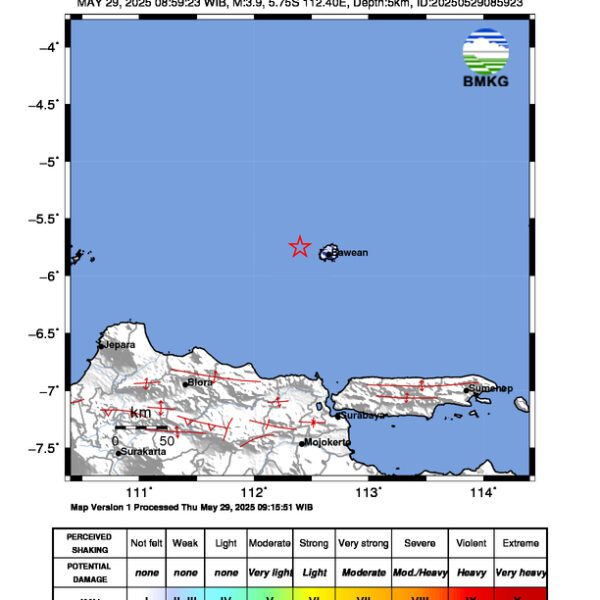 Gempa Berkekuatan 3,9 SR, pusat gempa berada di laut 133 km timurlaut Tuban