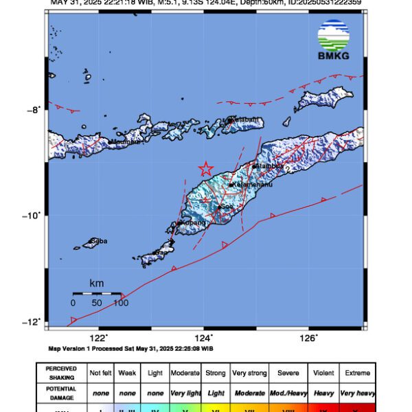 Gempa Berkekuatan 5,1 SR di 71 km BaratLaut TIMORTENGAHUT-NTT Tidak Berpotensi Tsunami