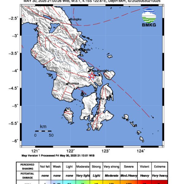 Gempa Berkekuatan 3,1 SR, pusat gempa berada di darat 1 km BaratDaya Moramo-Konawe Selatan
