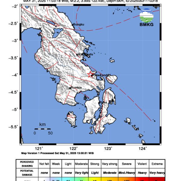 Gempa Berkekuatan 2,2 SR, pusat gempa berada di darat 1 km Timur Laut Wua-Wua, Kota Kendari