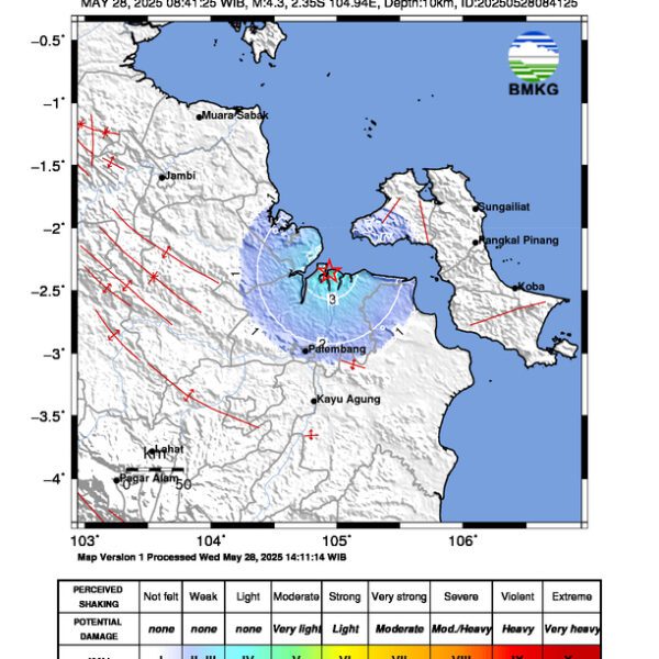 Gempa Berkekuatan 4,3 SR, pusat gempa berada di darat 35 km Timur Laut Banyuasin