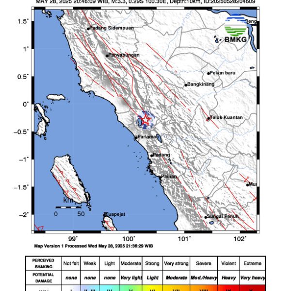 Gempa Berkekuatan 3,3 SR, pusat gempa berada di darat 7 km baratlaut Bukittinggi