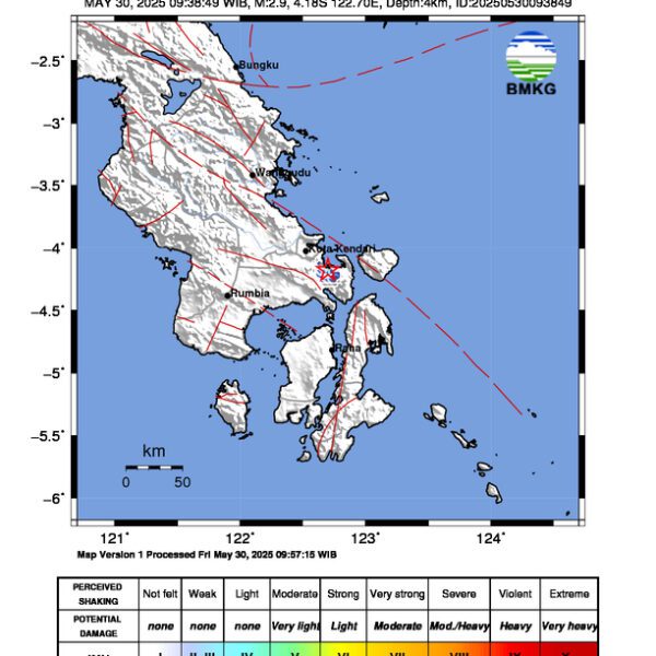 Gempa Berkekuatan 2,9 SR, pusat gempa berada di darat 1 km barat daya Moramo, Konawe Selatan