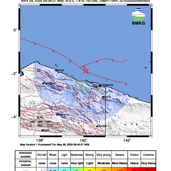 Gempa Berkekuatan 5,0 SR di 86 km BaratLaut KAB-JAYAPURA-PAPUA Tidak Berpotensi Tsunami