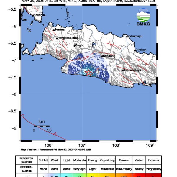 Gempa Berkekuatan 4,2 SR, pusat gempa berada di darat 55 km baratdaya Kab. Bandung