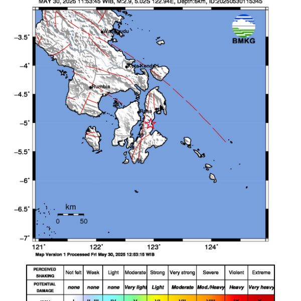 Gempa Berkekuatan 2,9 SR, pusat gempa berada di darat 3 km TimurLaut Kambowa, Buton Utara