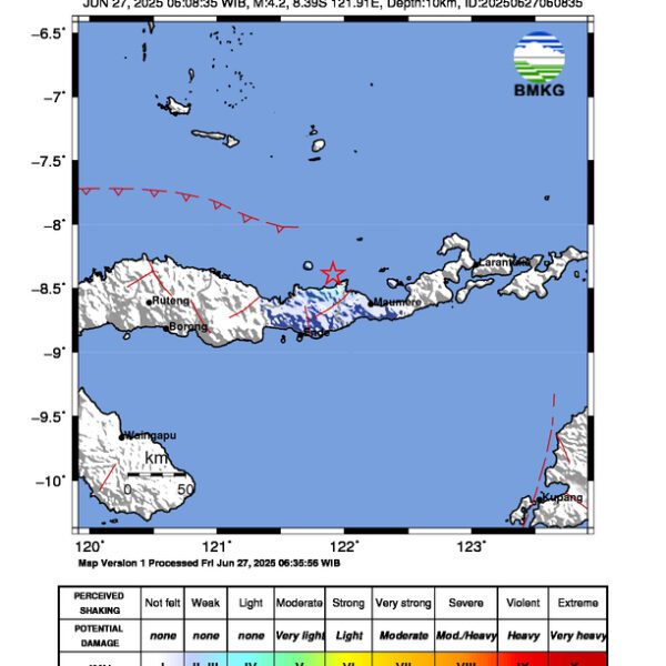 Gempa Berkekuatan 4,2 SR, pusat gempa berada di Laut 41 km Barat laut Maumere