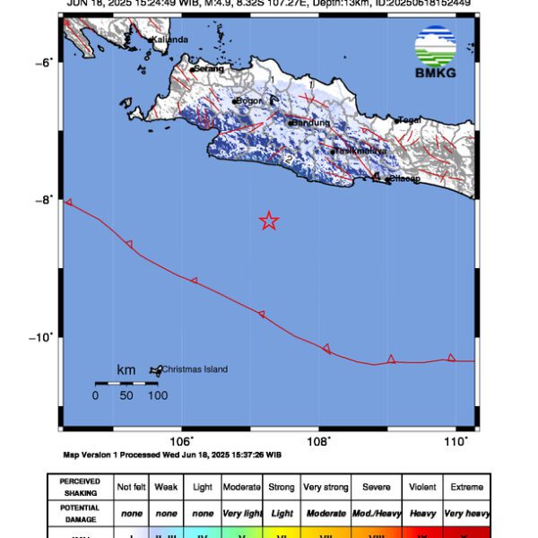 Gempa Berkekuatan 4,9 SR, pusat gempa berada di laut 140 km BaratDaya Kabupaten Garut