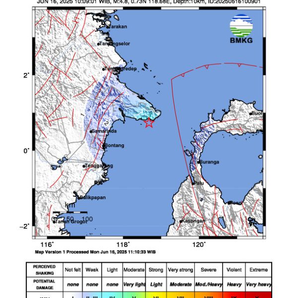 Gempa Berkekuatan 4,8 SR, pusat gempa berada di laut 149 km timur laut Bontang