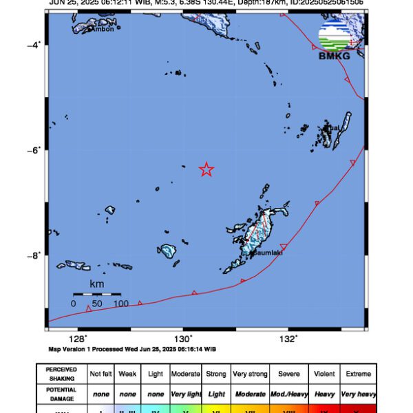 Gempa Berkekuatan 5,3 SR di 201 km BaratLaut TANIMBAR Tidak Berpotensi Tsunami