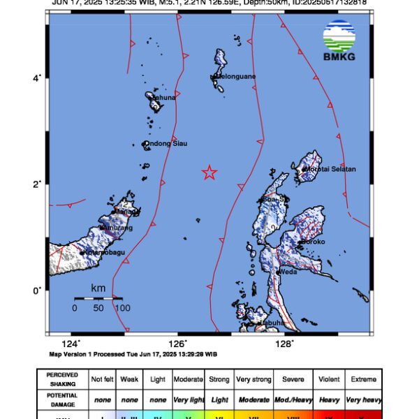 Gempa Berkekuatan 5,1 SR di 132 km BaratDaya PULAUDOI-MALUT Tidak Berpotensi Tsunami