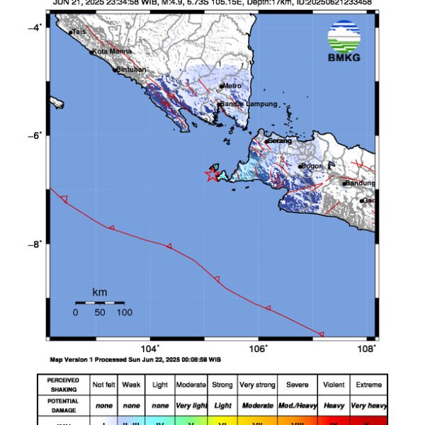 Gempa Berkekuatan 4,9 SR, pusat gempa berada di laut 48 km baratdaya Sumur