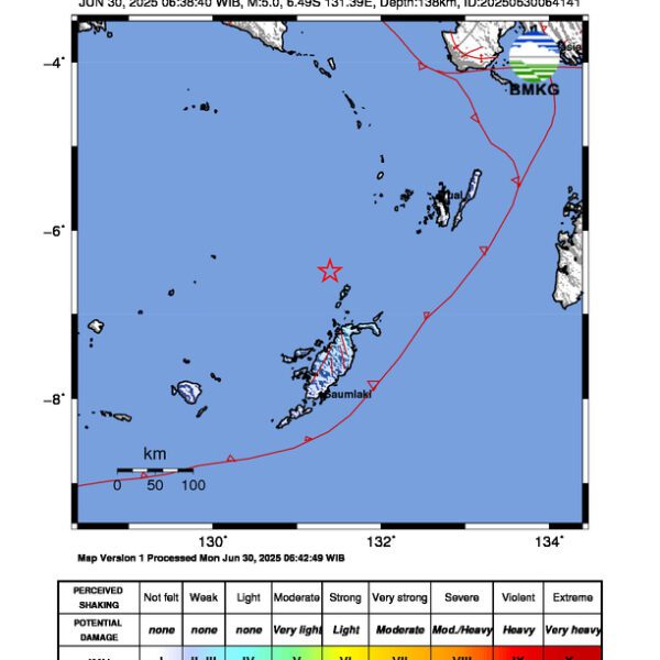 Gempa Berkekuatan 5,0 SR di 164 km TimurLaut TANIMBAR Tidak Berpotensi Tsunami
