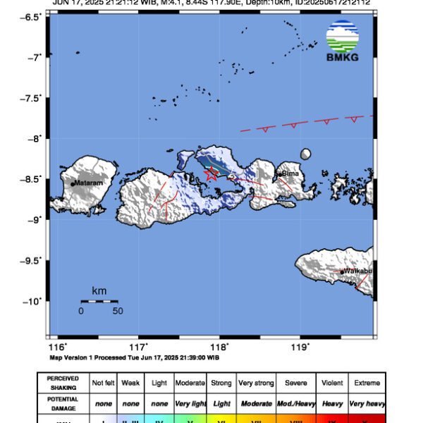 Gempa Berkekuatan 4,1 SR, pusat gempa berada di laut 53 km Timurlaut SUMBAWA