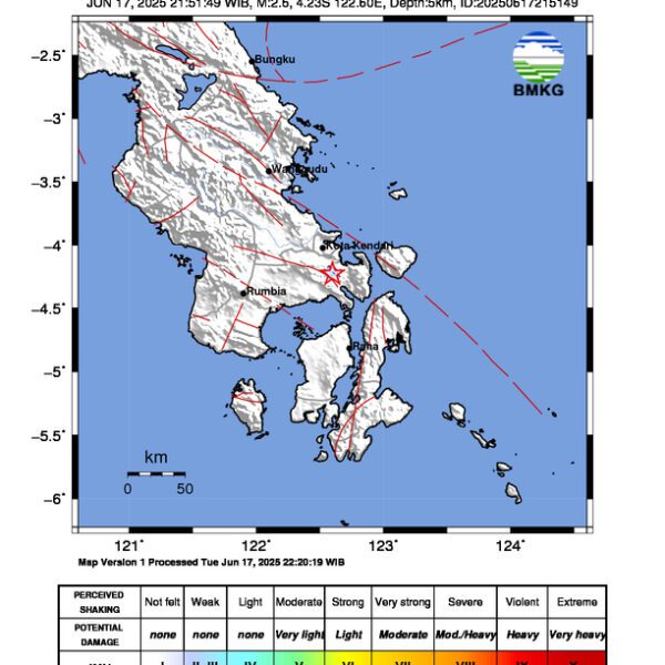 Gempa Berkekuatan 2,6 SR, pusat gempa berada di darat 3 km BaratDaya Moramo, Konawe Selatan