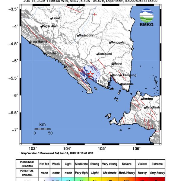 Gempa Berkekuatan 3,7 SR, pusat gempa berada di darat 9 km barat laut Tanggamus