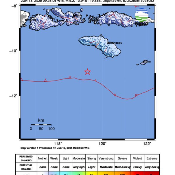 Gempa Berkekuatan 5,2 SR di 118 km BaratDaya KARERA-SUMBATIMUR-NTT Tidak Berpotensi Tsunami