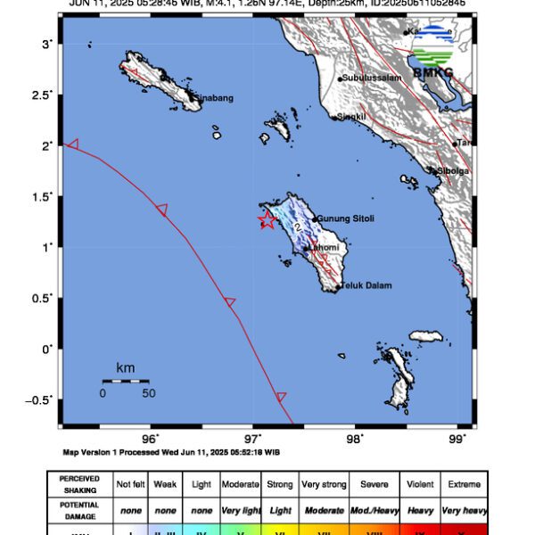 Gempa Berkekuatan 4,1 SR, pusat gempa berada di laut 31 km baratdaya Nias Utara