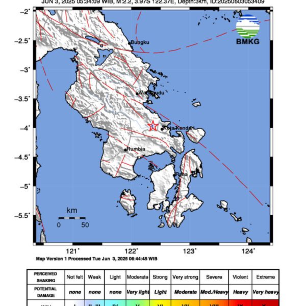 Gempa Berkekuatan 2,2 SR, pusat gempa berada di darat 1 km Timur Laut Besulutu, Konawe