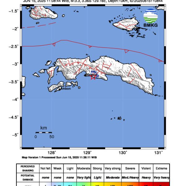 Gempa Berkekuatan 3,3 SR, pusat gempa berada di darat 26 km timur Masohi, Maluku tengah