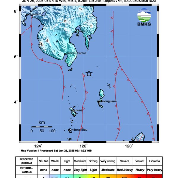 Gempa Berkekuatan 6,4 SR di 108 km BaratLaut PULAUKARATUNG-SULUT Tidak Berpotensi Tsunami