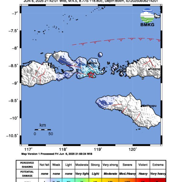 Gempa Berkekuatan 4,5 SR, pusat gempa berada di darat 34 km tenggara kota Bima