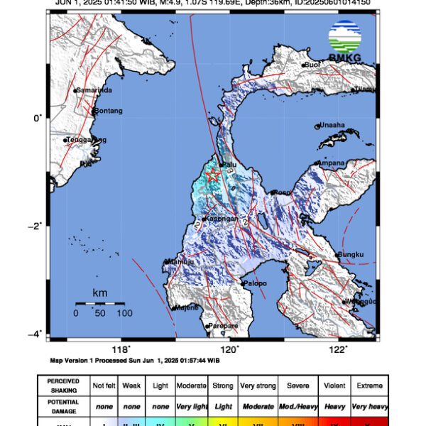 Gempa Berkekuatan 4,9 SR, pusat gempa berada di darat 28 km baratdaya Palu