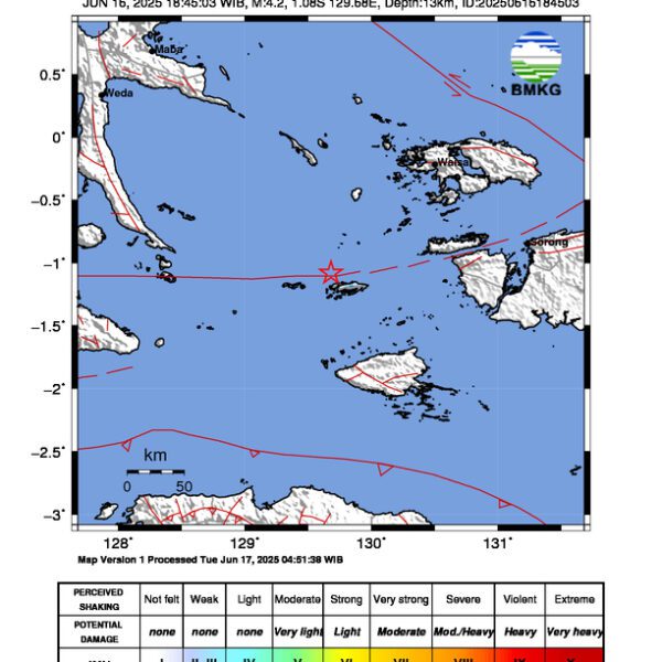 Gempa Berkekuatan 4,2 SR, pusat gempa berada di laut 148 km barat daya Raja Ampat