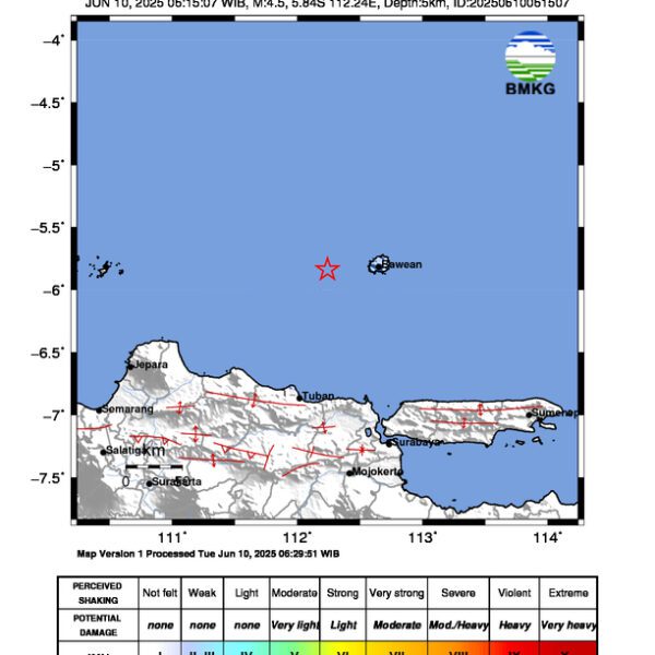 Gempa Berkekuatan 4,5 SR, pusat gempa berada di laut 119 km timurlaut Tuban