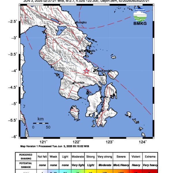 Gempa Berkekuatan 2,7 SR, pusat gempa berada di darat 2 km baratlaut Sabulakoa, Konawe Selatan