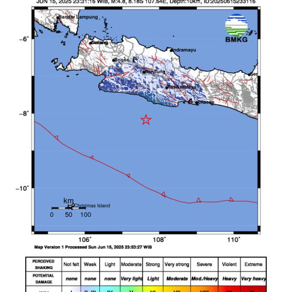 Gempa Berkekuatan 4,8 SR, pusat gempa berada di laut 104 km baratdaya Kab. Tasikmalaya
