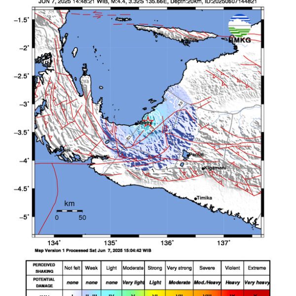 Gempa Berkekuatan 4,4 SR, pusat gempa berada di darat 18 km timur laut Nabire
