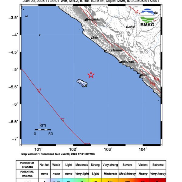 Gempa Berkekuatan 4,2 SR, pusat gempa berada di laut 33 km timur laut Enggano