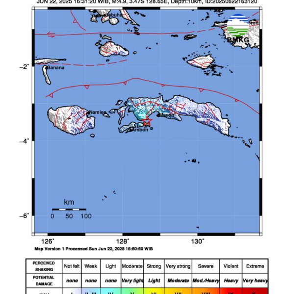 Gempa Berkekuatan 4,9 SR, pusat gempa berada di laut 6 km BaratDaya Amalatu, Seram Bagian Barat