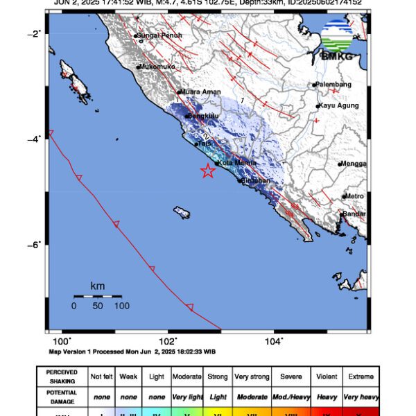 Gempa Berkekuatan 4,7 SR, pusat gempa berada di laut 25 km Barat Daya Bengkulu Selatan