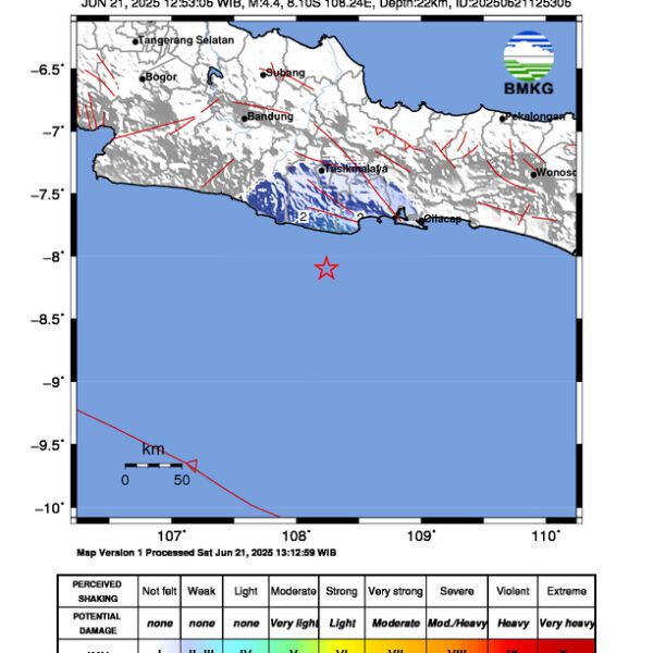 Gempa Berkekuatan 4,4 SR, pusat gempa berada di laut 52 km baratdaya Pangandaran