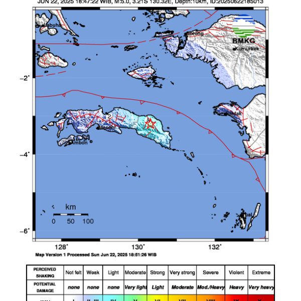 Gempa Berkekuatan 5,0 SR di 22 km BaratDaya SERAMBAGIANTIMUR-MALUKU Tidak Berpotensi Tsunami