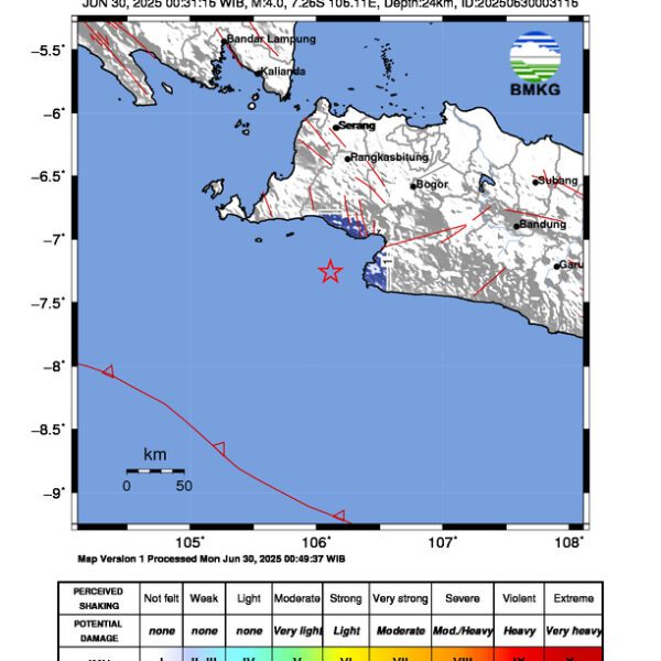 Gempa Berkekuatan 4,0 SR, pusat gempa berada di Laut 39km baratdaya Bayah