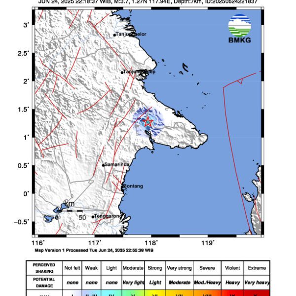 Gempa Berkekuatan 3,7 SR, pusat gempa berada di darat 107 km tenggara Berau