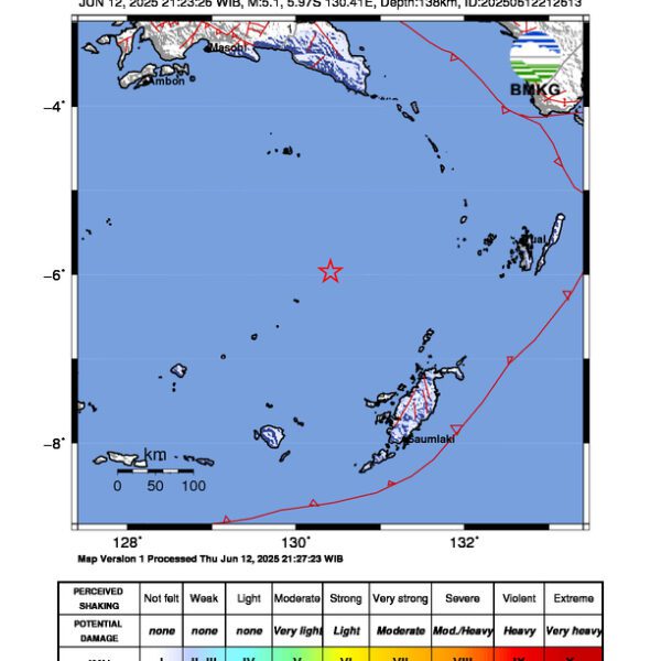 Gempa Berkekuatan 5,1 SR di 243 km BaratLaut TANIMBAR Tidak Berpotensi Tsunami