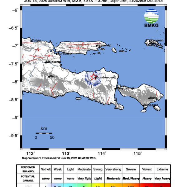 Gempa Berkekuatan 3,6 SR, pusat gempa berada di darat 20 km barat laut Bondowoso