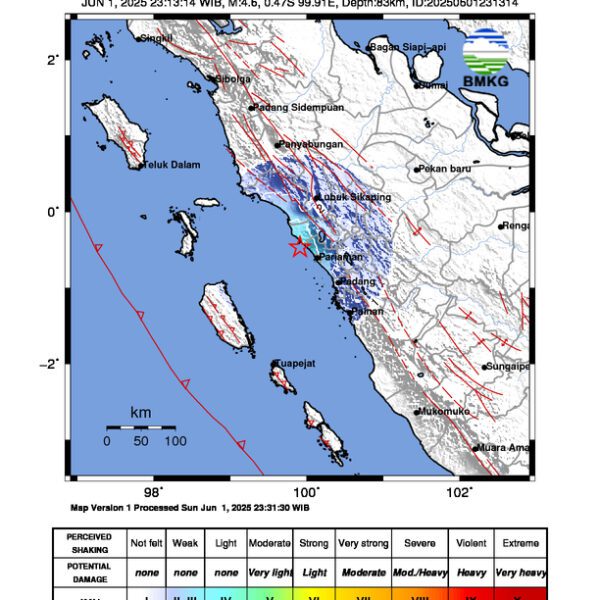 Gempa Berkekuatan 4,6 SR, pusat gempa berada di laut 21km barat daya Lubuk Basung – Agam