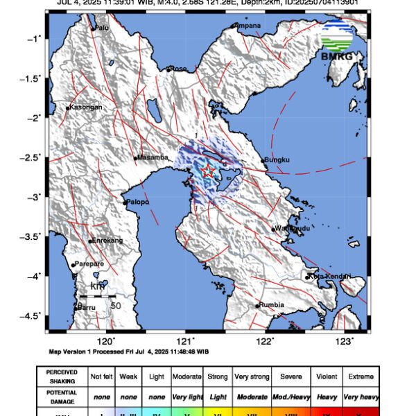 Gempa Berkekuatan 4,0 SR, pusat gempa berada di darat 16 km Tenggara Luwu Timur