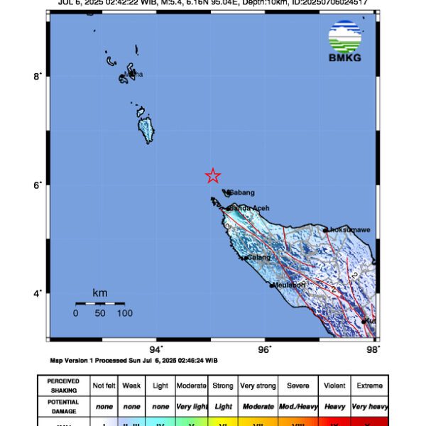 Gempa Berkekuatan 5,4 SR di 42 km BaratLaut KOTA-SABANG-ACEH Tidak Berpotensi Tsunami