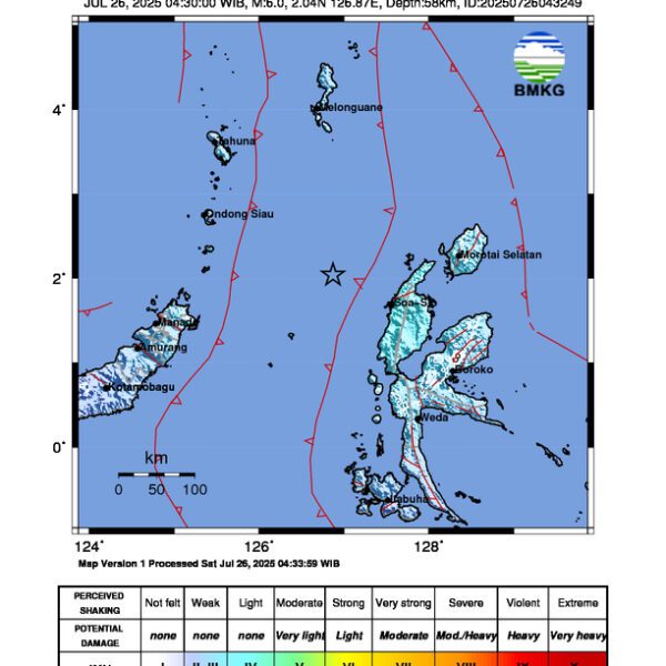 Gempa Berkekuatan 6,0 SR di 104 km BaratDaya PULAUDOI-MALUT Tidak Berpotensi Tsunami