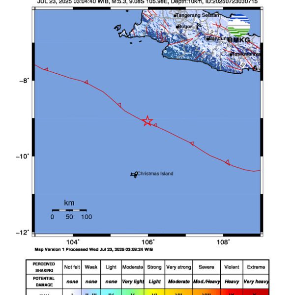 Gempa Berkekuatan 5,3 SR di 240 km BaratDaya BAYAH-BANTEN Tidak Berpotensi Tsunami