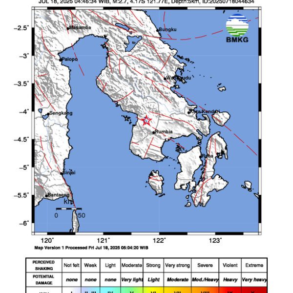 Gempa Berkekuatan 2,7 SR, pusat gempa berada di darat 3 km Tenggara Baula, Kolaka