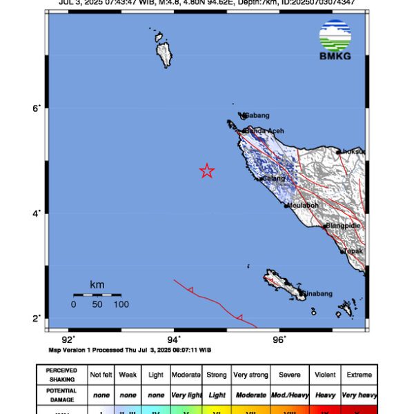 Gempa Berkekuatan 4,8 SR, pusat gempa berada di laut 108 km Barat laut Calang – Aceh Jaya