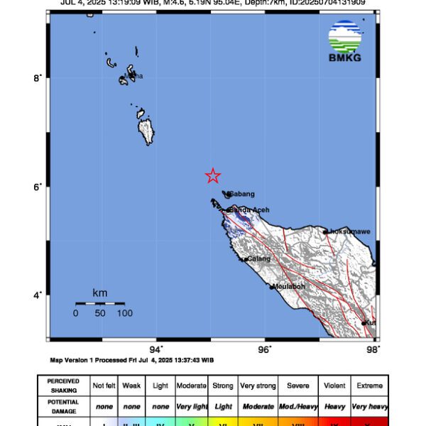 Gempa Berkekuatan 4,6 SR, pusat gempa berada di 45 Km Barat Laut Kota Sabang