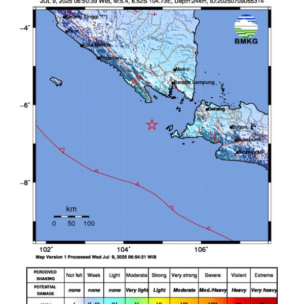 Gempa Berkekuatan 5,4 SR di 95 km BaratLaut SUMUR-BANTEN Tidak Berpotensi Tsunami